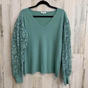 Sioni Women’s XL Teal V-Neck Knit Top Lace Sleeves